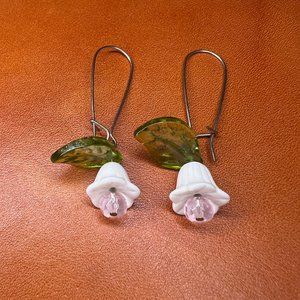 Glass Beaded Dangle Earrings Handmade Lily Flowers 2 in. Long Boho Style